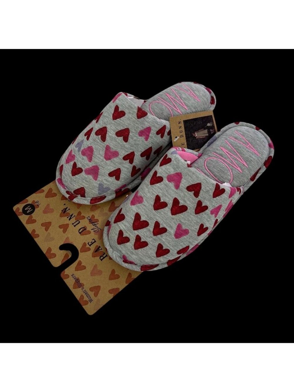 Rae Dunn Women's Slippers Gray Heart Print Amor Medium 7/8 New with Tag